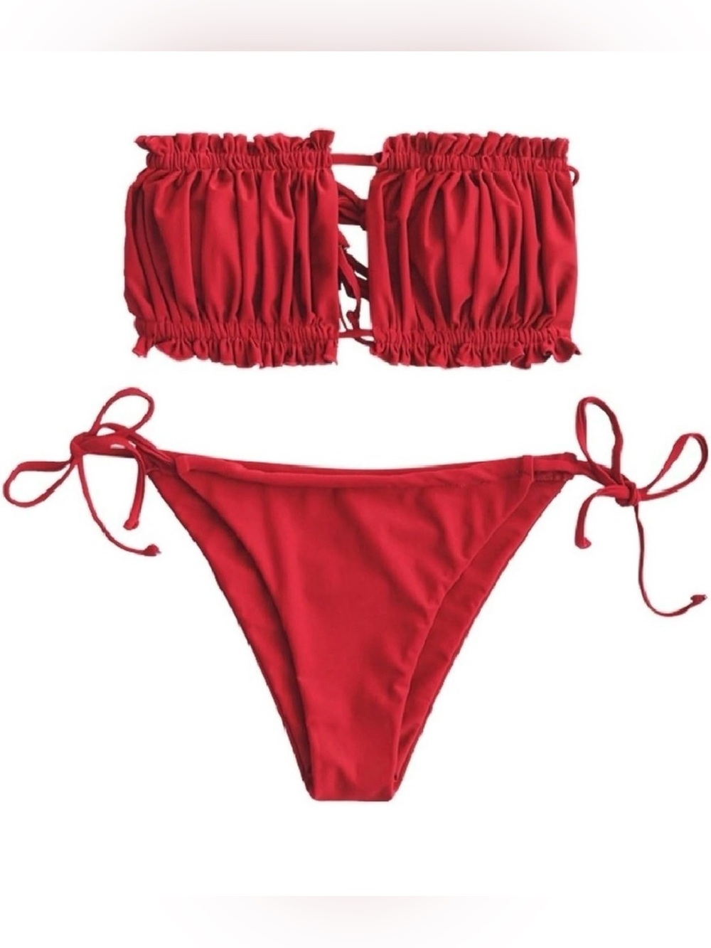 ZAFUL Women 2 Piece Strapless Ruffle Tie Bandeau Bikini Set High Cut String
